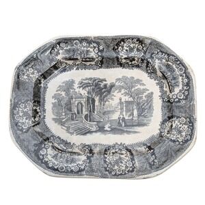 Antique Black Transferware Platter Scenic Estate Landscape Octagonal 10.5 Inch